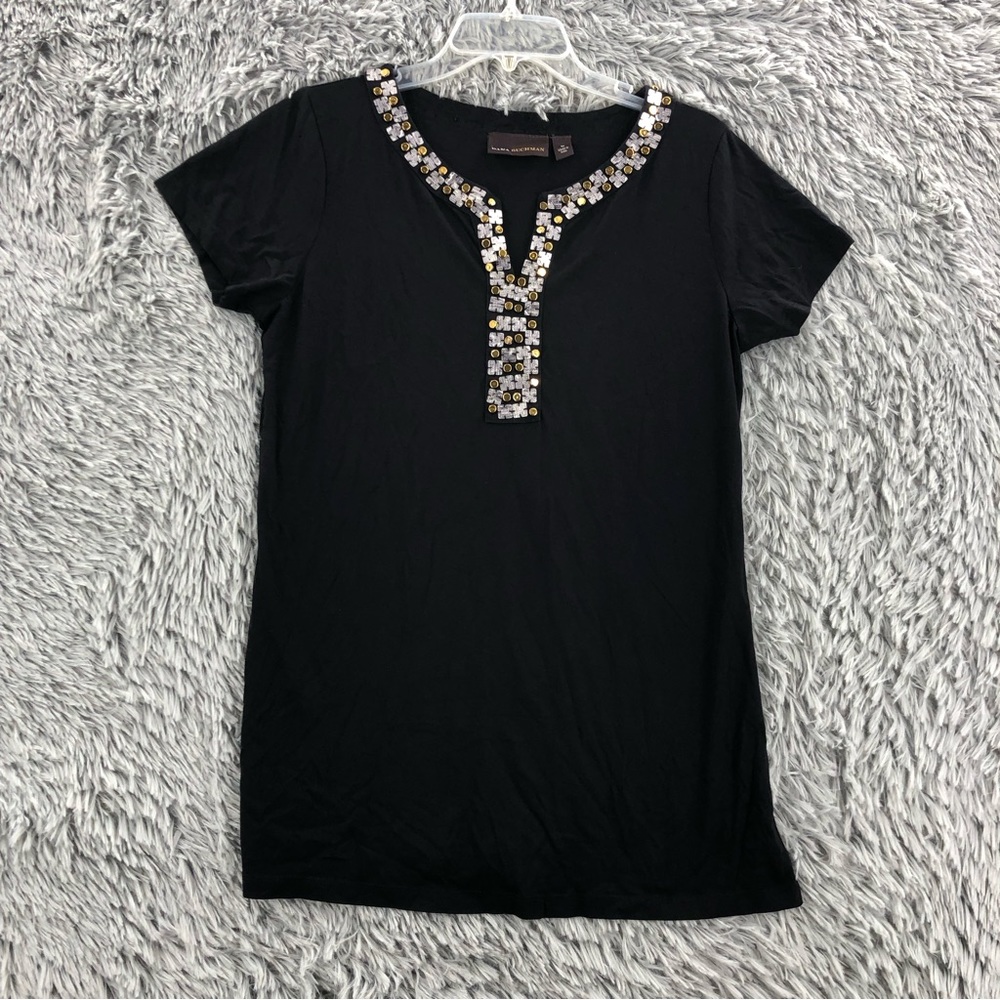 Dana Bachman Blouse Womens Medium Modal Black Embellished Neckline Shirt